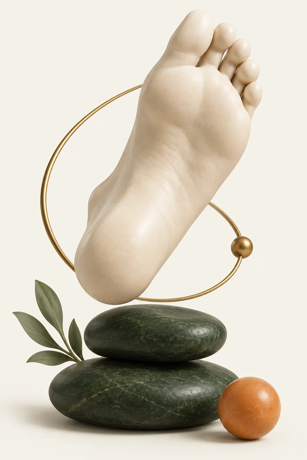 Ilustración 3D de un pie de cerámica sobre piedras verdes